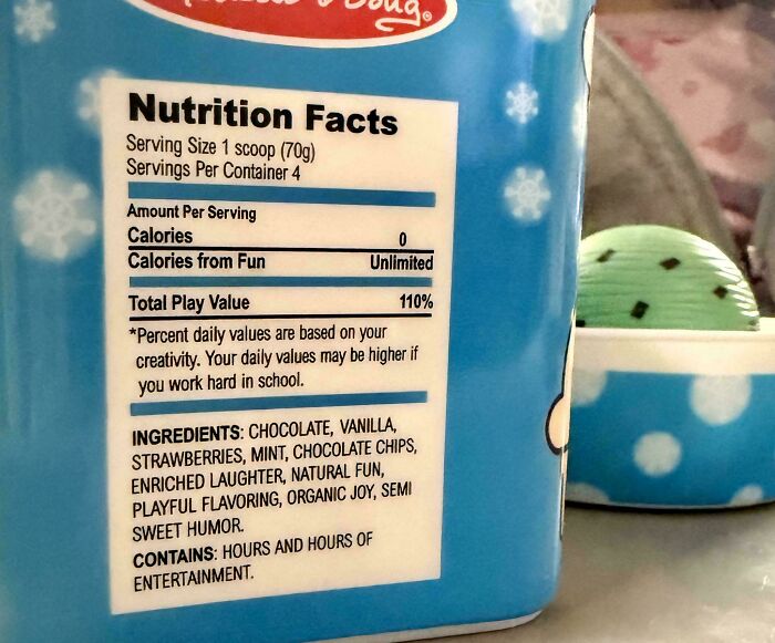 Nutrition facts label parody showing unlimited calories from fun and 110% total play value, highlighting moderately interesting product details.