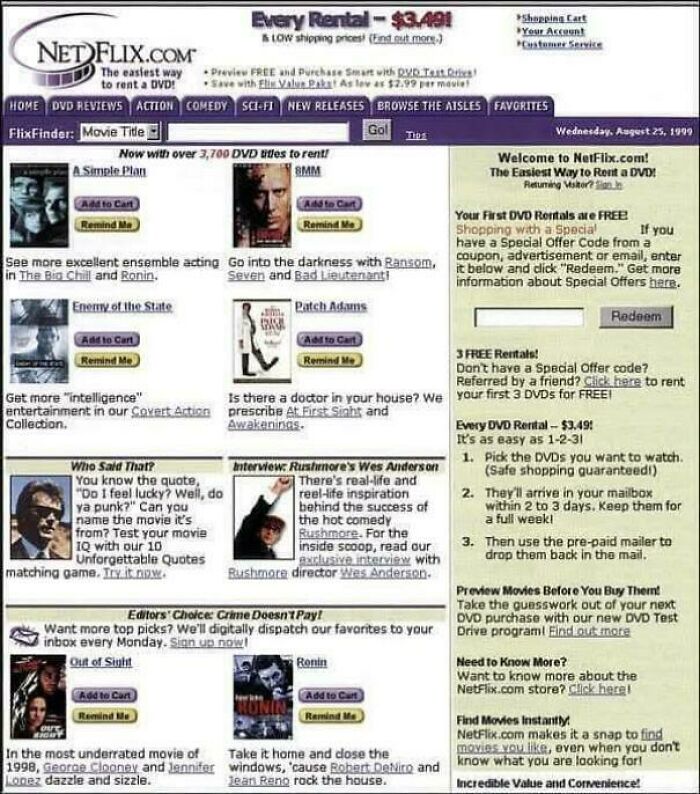 1999 Netflix webpage showcasing new movie rentals and offers, highlighting popular '90s films for users to explore.