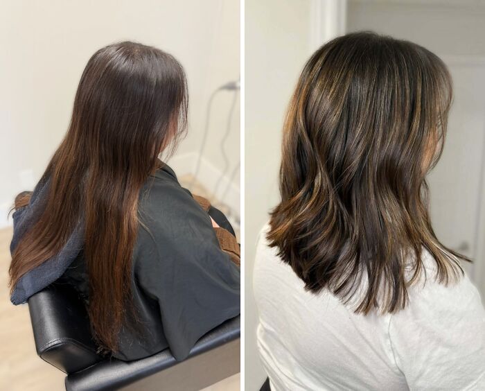 Before-and-after hair transformations showing a long to medium length haircut with added highlights.