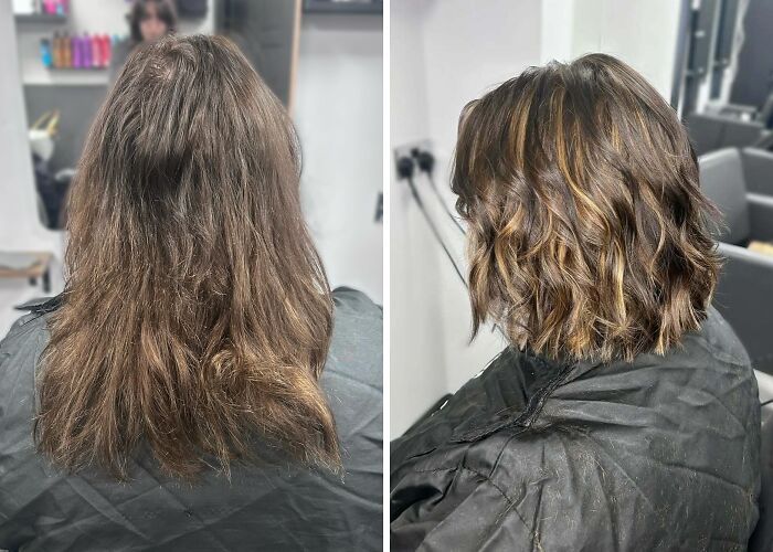 Before-and-after hair transformations showing a long hairstyle changed to a short, wavy bob in a salon setting.