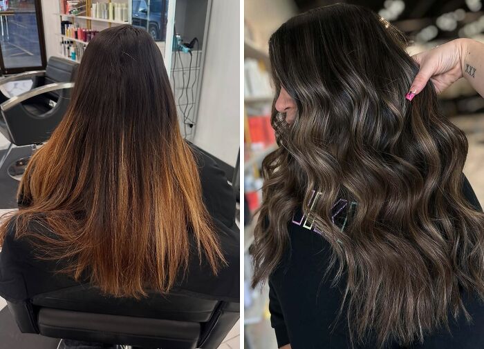 Before-and-after hair transformations showing a dramatic color and style change in a salon setting.