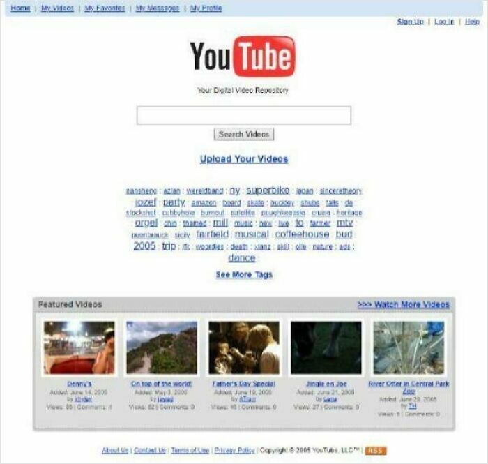 Early 2000s YouTube homepage with classic layout and featured videos displayed.