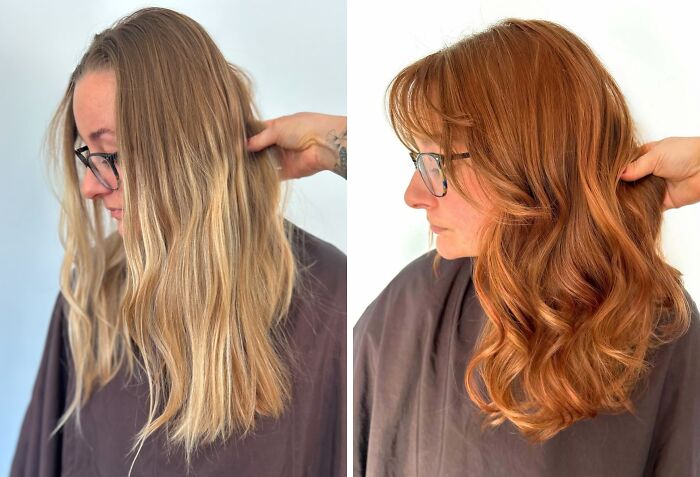 Side-by-side hair transformations showing a woman with blonde hair before and red hair after.