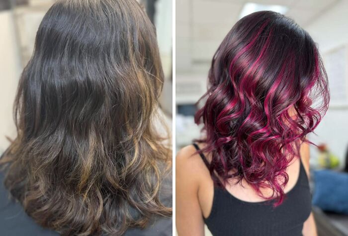 Before-and-after hair transformations showing dark wavy hair changed to vibrant curly magenta hairstyle.