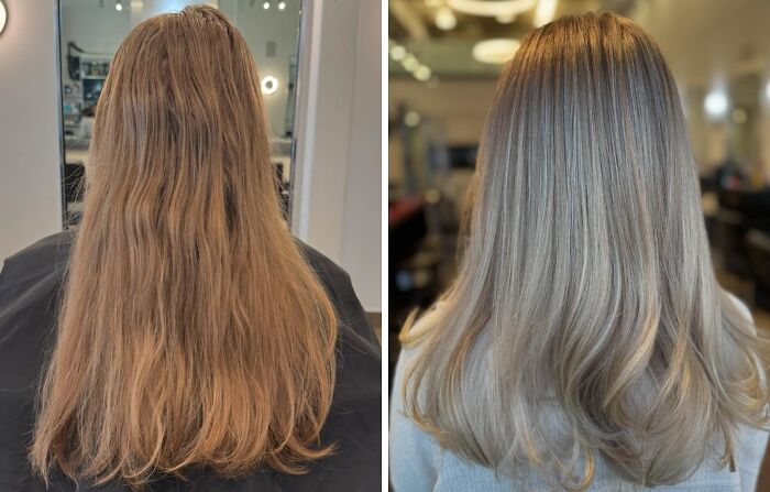 Before and after hair transformations showing long brown hair turned into a sleek, styled look with subtle highlights.