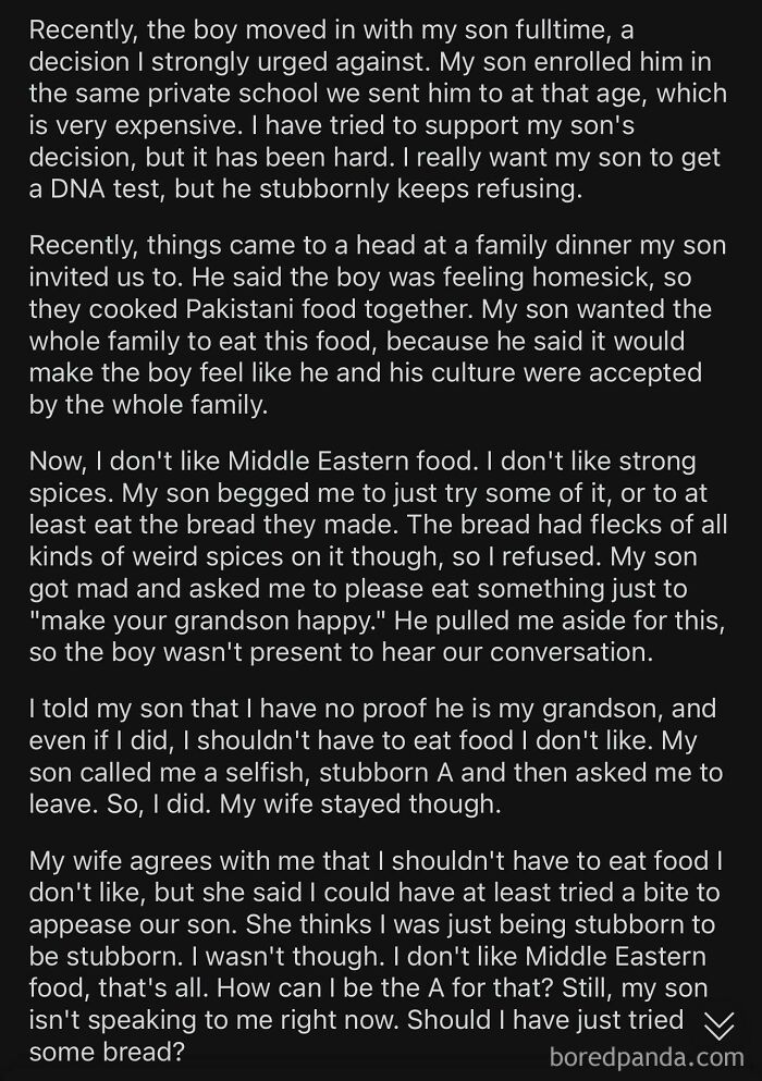 Text illustrating a man's anger over cultural food during a family dinner, highlighting unreasonable reactions.