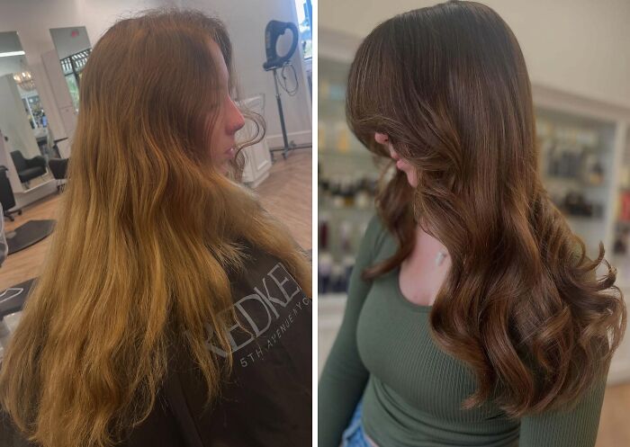 Before-and-after hair transformations showing a woman's transition to sleek, styled brunette waves in a salon setting.