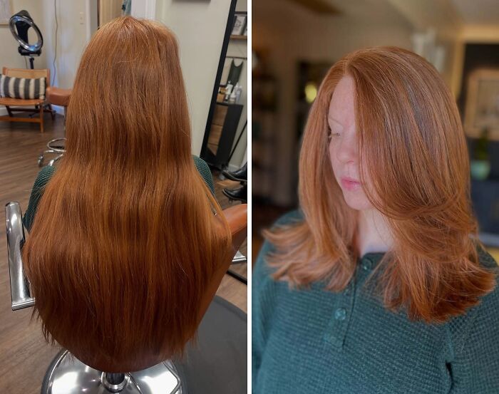 Before and after hair transformations showing long red hair cut to shoulder length with layers.