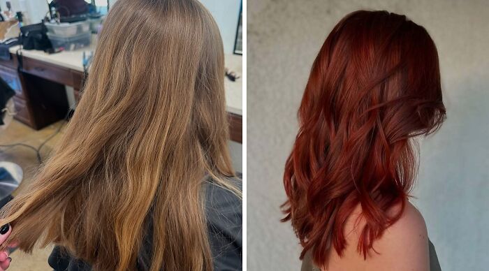 Before-and-after hair transformations showing a change from brown to vibrant red with styled waves.