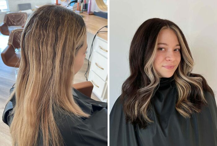 Before-and-after hair transformations showing a sleek, new brunette hairstyle with blonde highlights.