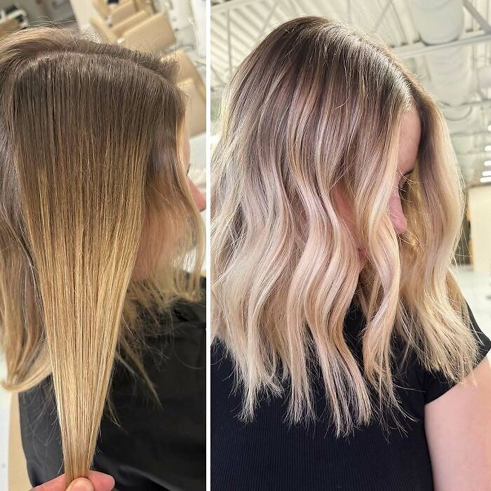 Before-and-after hair transformation showing darker straight hair transformed to light wavy hair.