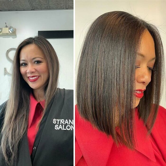 Before-and-after hair transformations showing long to sleek bob haircut in a salon setting.