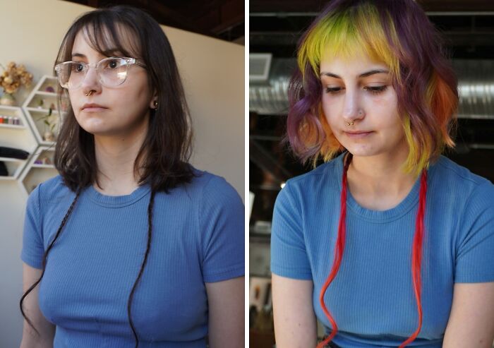 Before-and-after hair transformations show a woman with long brown hair changed to a vibrant, multicolored short style.