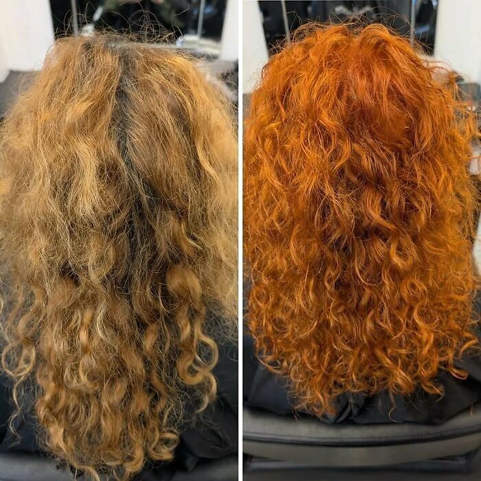 Before and after hair transformations showing curly hair revitalized from dull brown to vibrant orange.