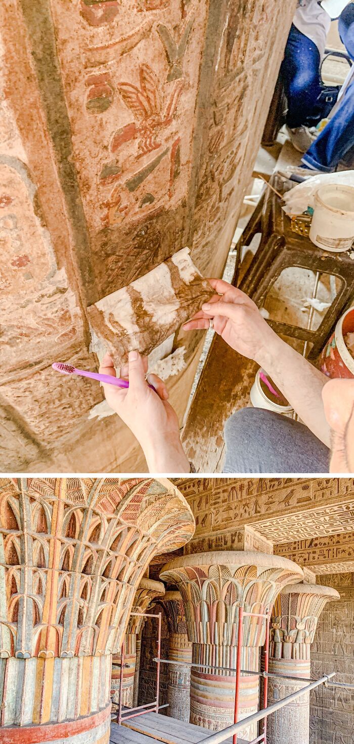 An archaeologist carefully examines ancient artefacts with vivid hieroglyphs on a temple column.