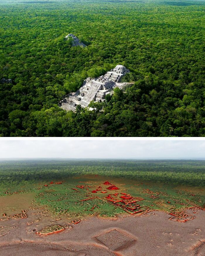 Ancient artefacts: aerial view of Mayan ruins in a dense forest and a LiDAR scan revealing more structures.