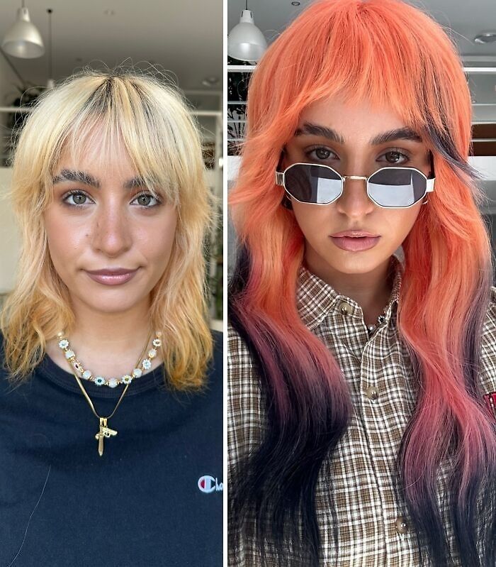 Before-and-after hair transformations showing a woman with short blonde hair and long orange and black hair, wearing sunglasses.