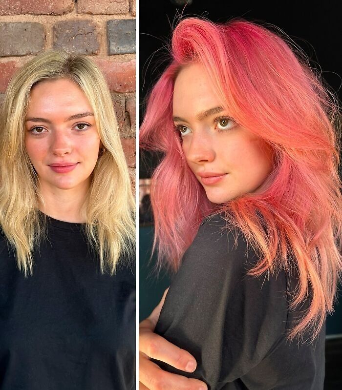 Before-and-after hair transformations showing a change from blonde to vibrant pink hair.