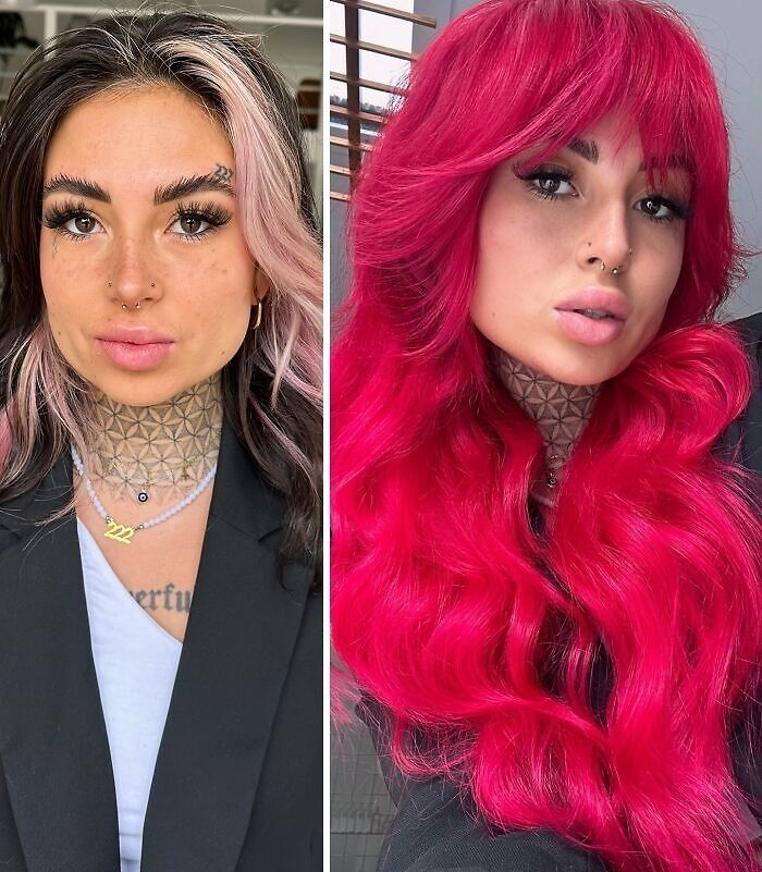 Before and after hair transformations showing a shift from dark brown with pink highlights to vibrant red waves.