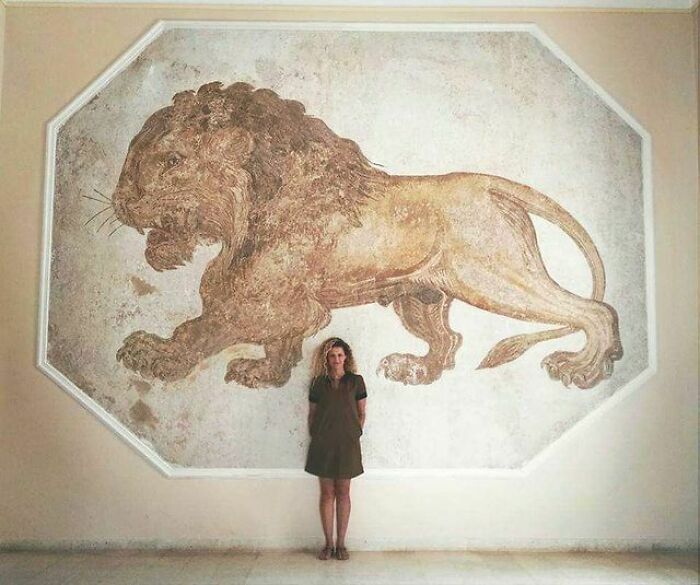 A woman stands by an ancient artefact, a large mural of a lion, beautifully preserved on a wall.
