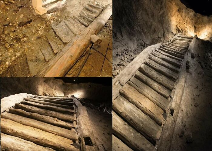 Ancient artefacts: three images of an old, wooden staircase preserved in an archaeological site.