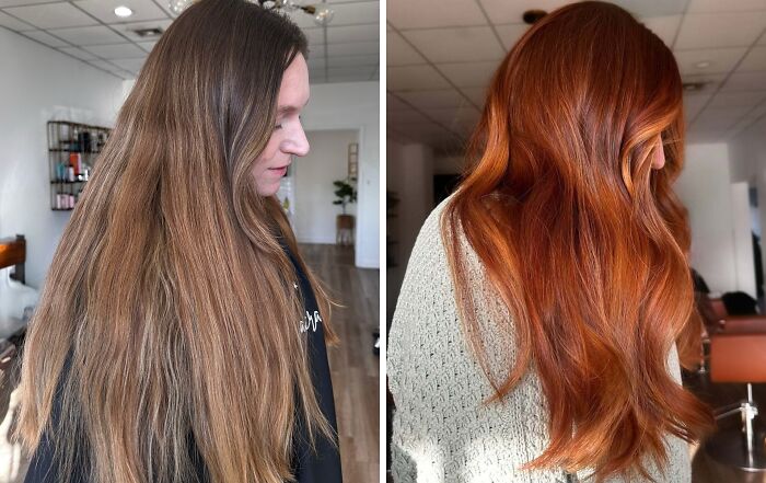 Before-and-after hair transformations showing long brown hair changed to vibrant red hair.