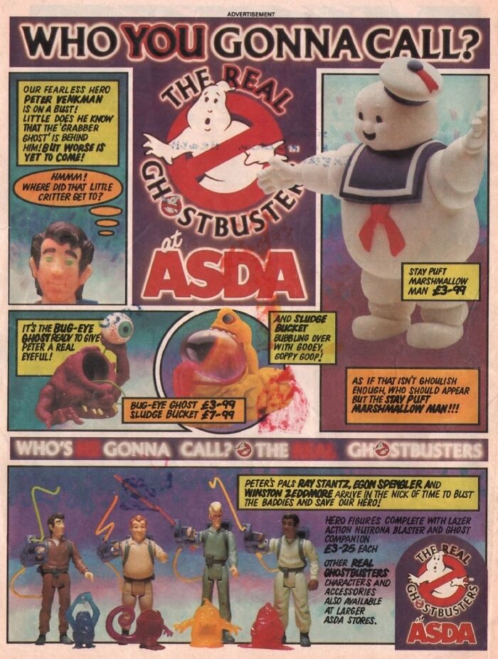 Vintage-Commercials: A retro ad for Ghostbusters toys at ASDA featuring Stay Puft Marshmallow Man and action figures.