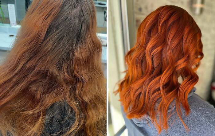 Before-and-after hair transformations showing a dramatic change from dull brown to vibrant red wavy hair.