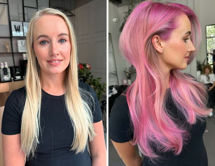 Before and after hair transformations showing a shift from long blonde hair to vibrant pink hair on a woman in a salon.