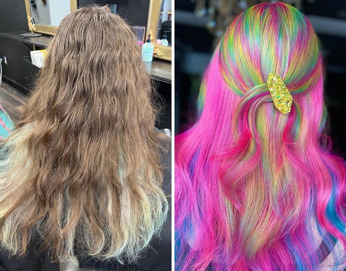 Hair transformations showing a change from natural brown to vibrant rainbow colors with a hairpin accessory.