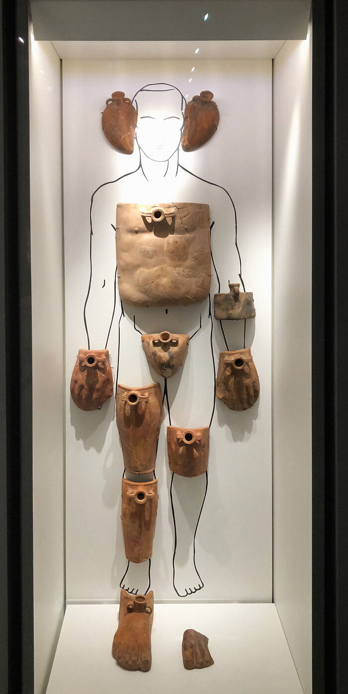 Ancient artefacts displayed on a human outline, including terracotta body parts, showcasing historical preservation.