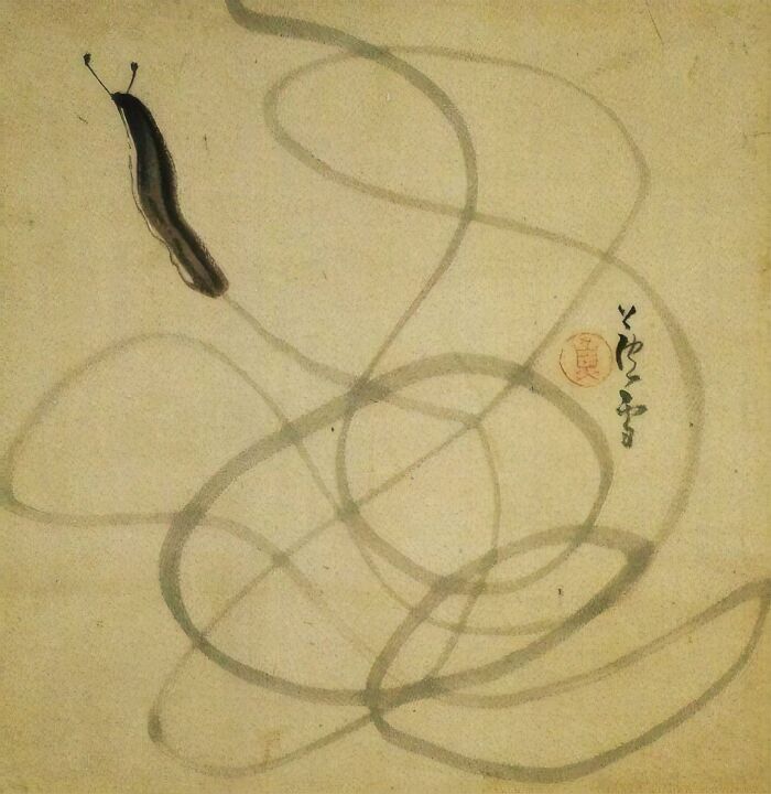 Ancient artefact painting of a snail with winding trail on parchment, showcasing historical art that survived to this day.