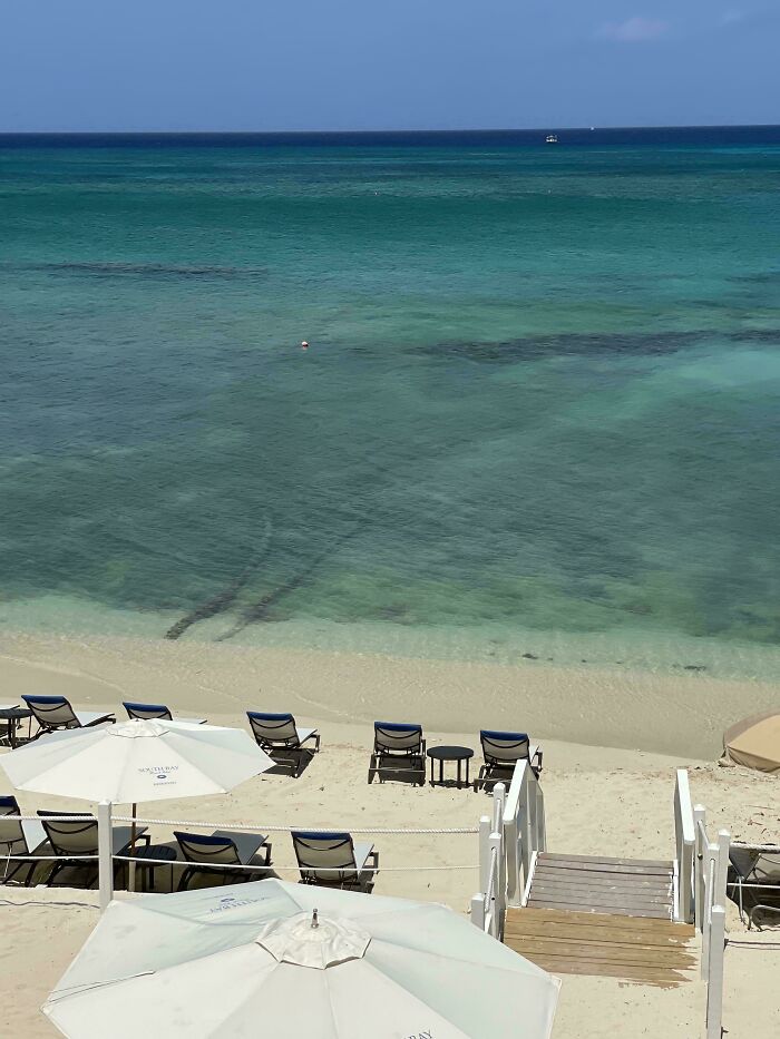 Beachfront with lounge chairs and umbrellas facing clear ocean waters, revealing a weird object submerged near the shore.