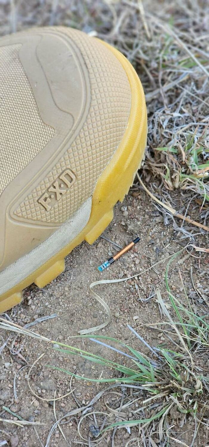 A large tan boot next to a small, strange object on the ground near dry grass.