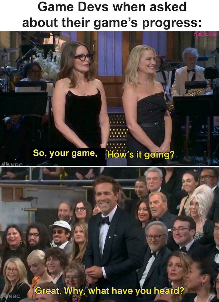 Programmers meme featuring game developers humor at an event with audience reactions.