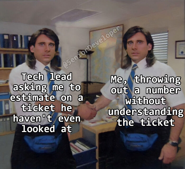 Two identical men shaking hands, representing a tech lead and programmer estimating a ticket, sharing a programming meme.