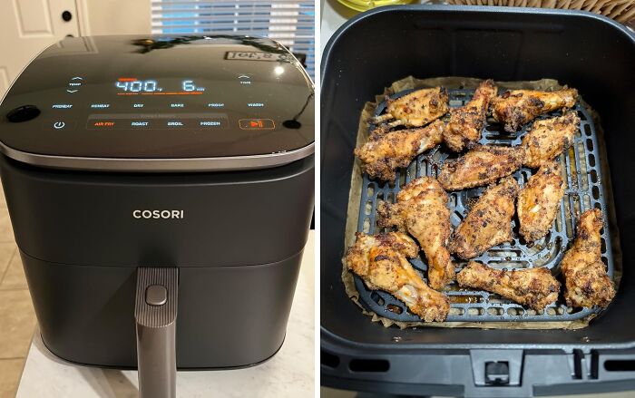 Air fryer with cooked chicken wings, a favorite gift.