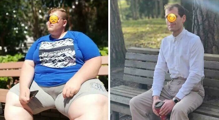 Before and after weight-loss transformation of a person sitting on a park bench, one in a blue shirt and one in white.