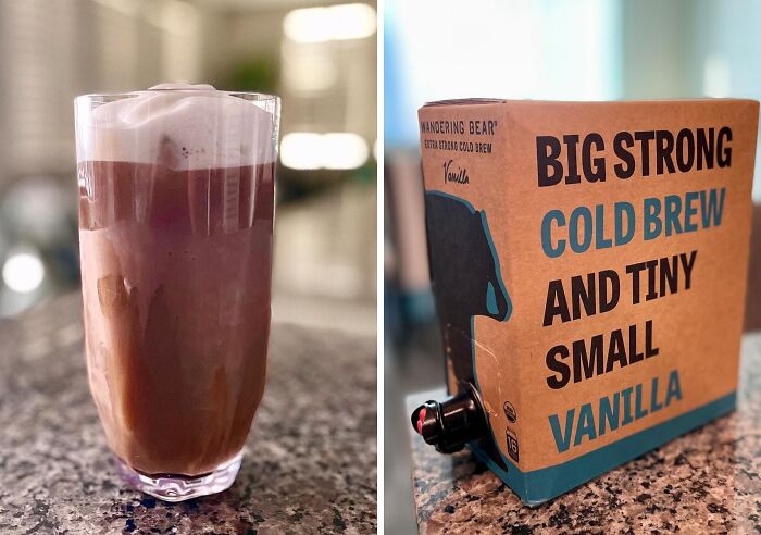 Glass of vanilla cold brew and a box labeled "Big Strong Cold Brew and Tiny Small Vanilla" on a countertop.