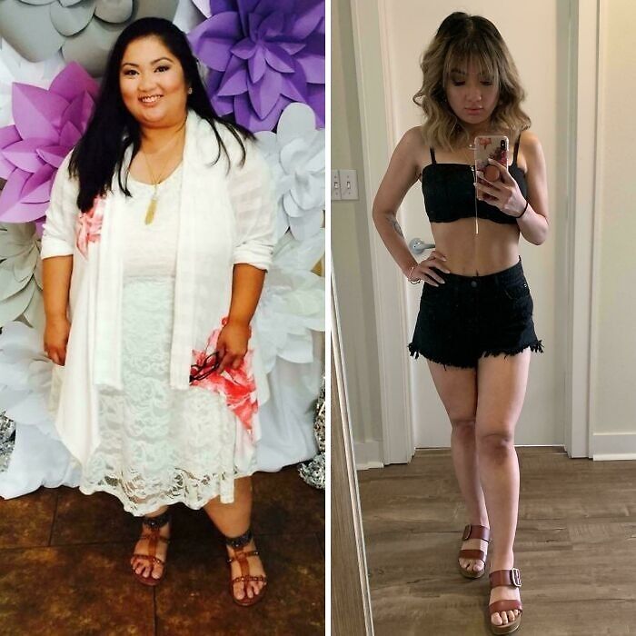 Before and after images showing weight-loss transformation, highlighting significant changes in appearance and clothing style.