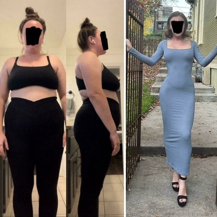 Weight-loss transformation showing a woman's dramatic change, before in activewear, after in a form-fitting dress.