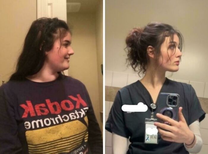 Before and after photos showing a woman's weight-loss transformation, with visible changes in appearance and clothing.