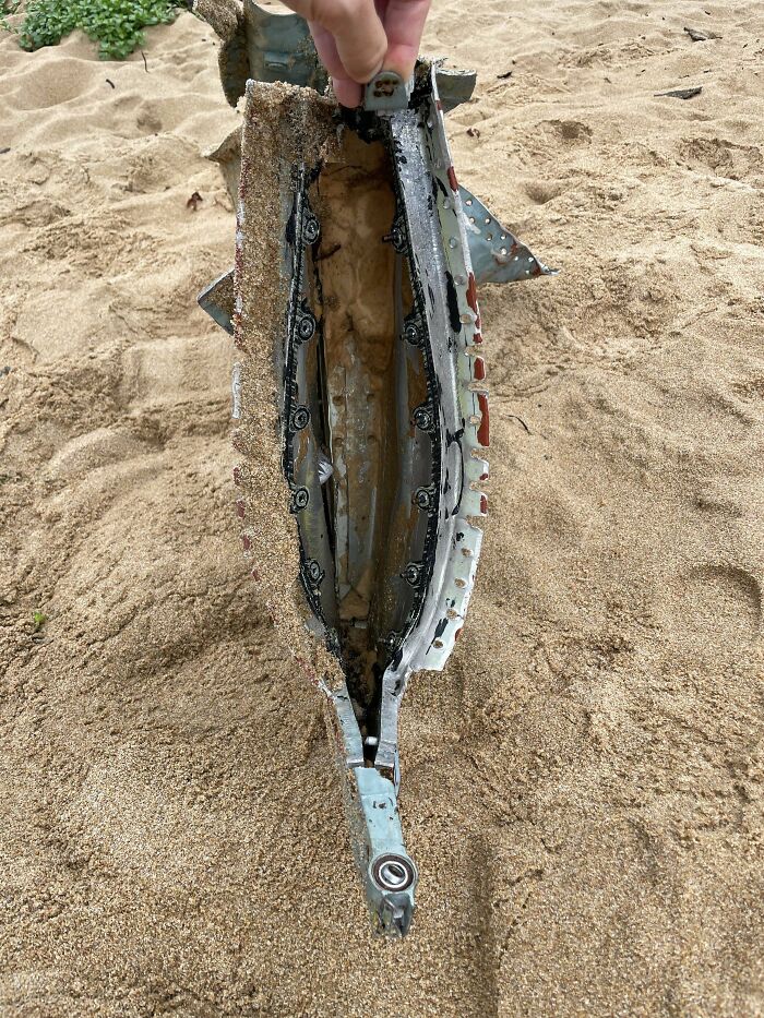 Weird object found on a sandy beach, partially embedded, with metallic elements and gears visible inside.