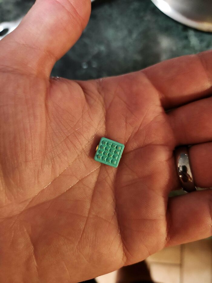 A small turquoise object with a textured surface on a person's palm, representing a weird object discovery.