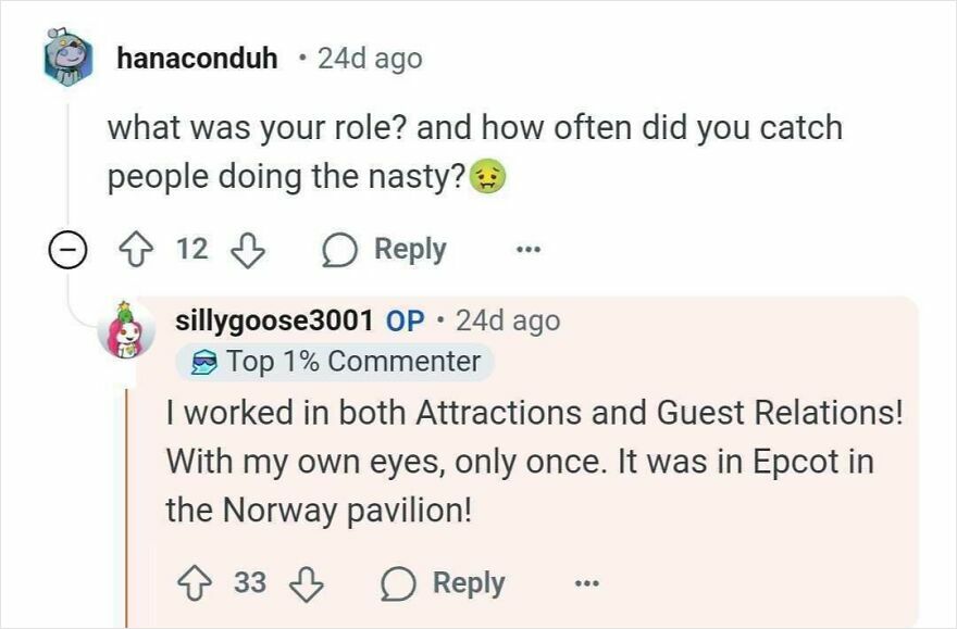 Comment exchange discussing a Disney park secret, with user sharing experience from Epcot's Norway pavilion.