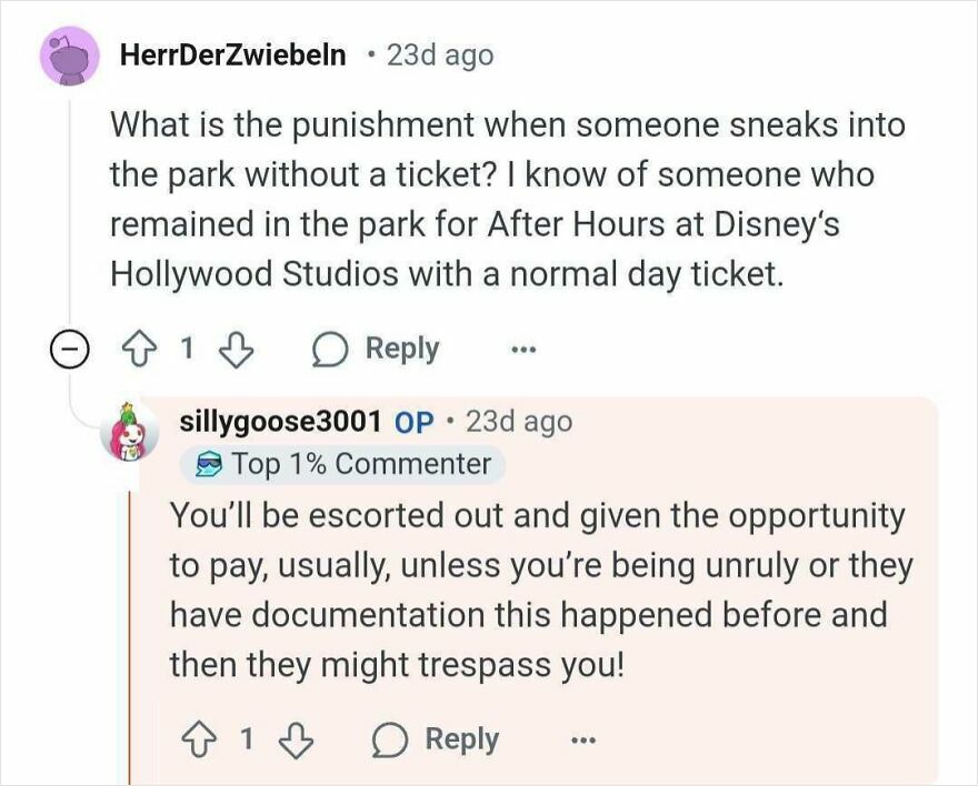 Comments discussing a Disney park secret about park entry consequences without a ticket.