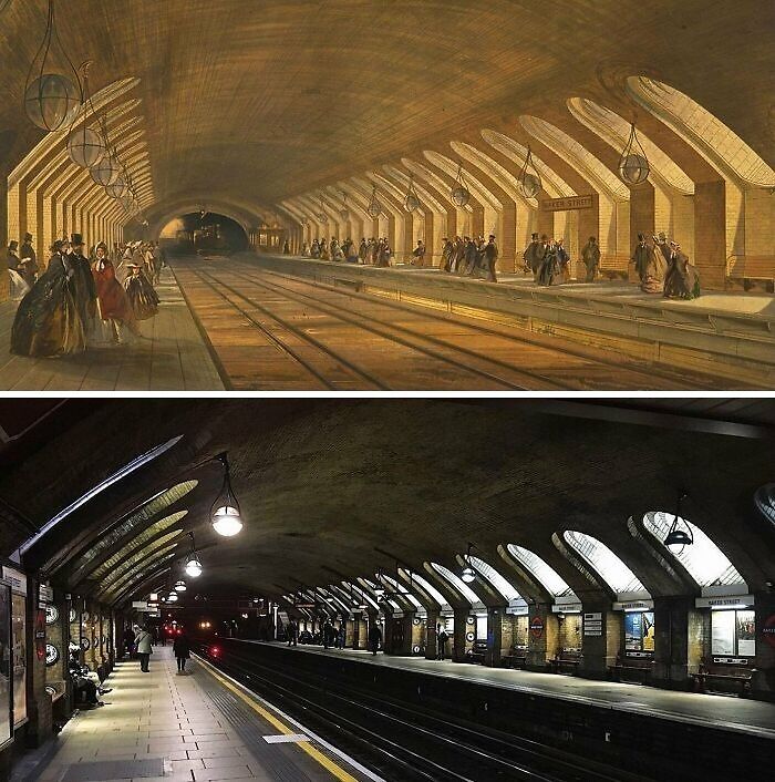 Historic subway station comparison; top, vintage illustration with people; bottom, modern view of the same location. Ancient artefacts.
