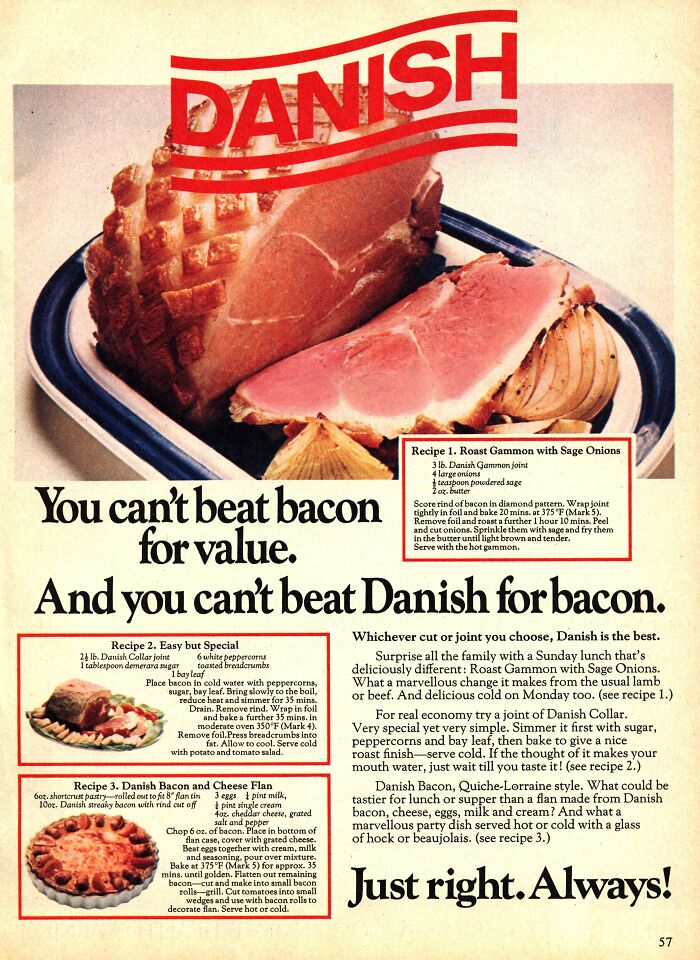 Vintage-commercials showing a Danish bacon advertisement with recipes for roast gammon, collar, and bacon cheese flan.