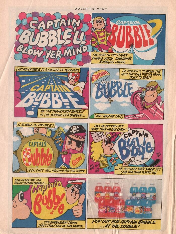 Comic advertisement for Captain Bubble soft drink with colorful vintage-commercials style panels.