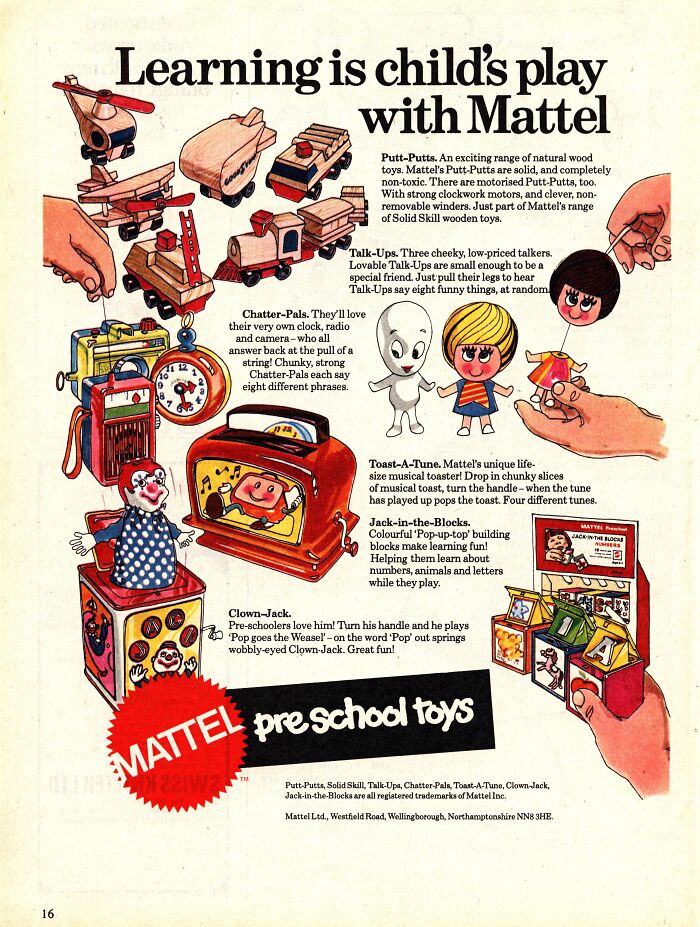 Vintage-commercials featuring Mattel preschool toys, including Putt-Putts, Chatter-Pals, and Toast-A-Tune with colorful illustrations.